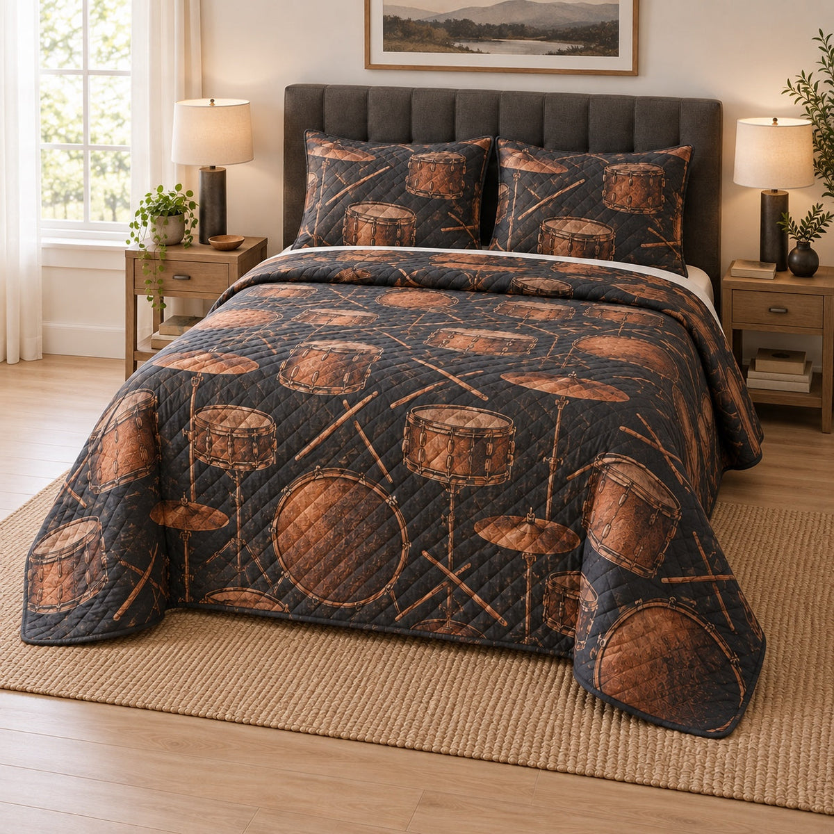 Copper Rhythm Drums Quilt Set, angled drums bedroom view