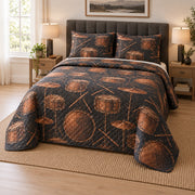 Copper Rhythm Drums Quilt Set, angled drums bedroom view