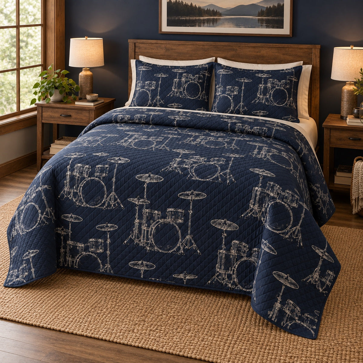 Midnight Drums Drums Quilt Set, angled drums bedroom view