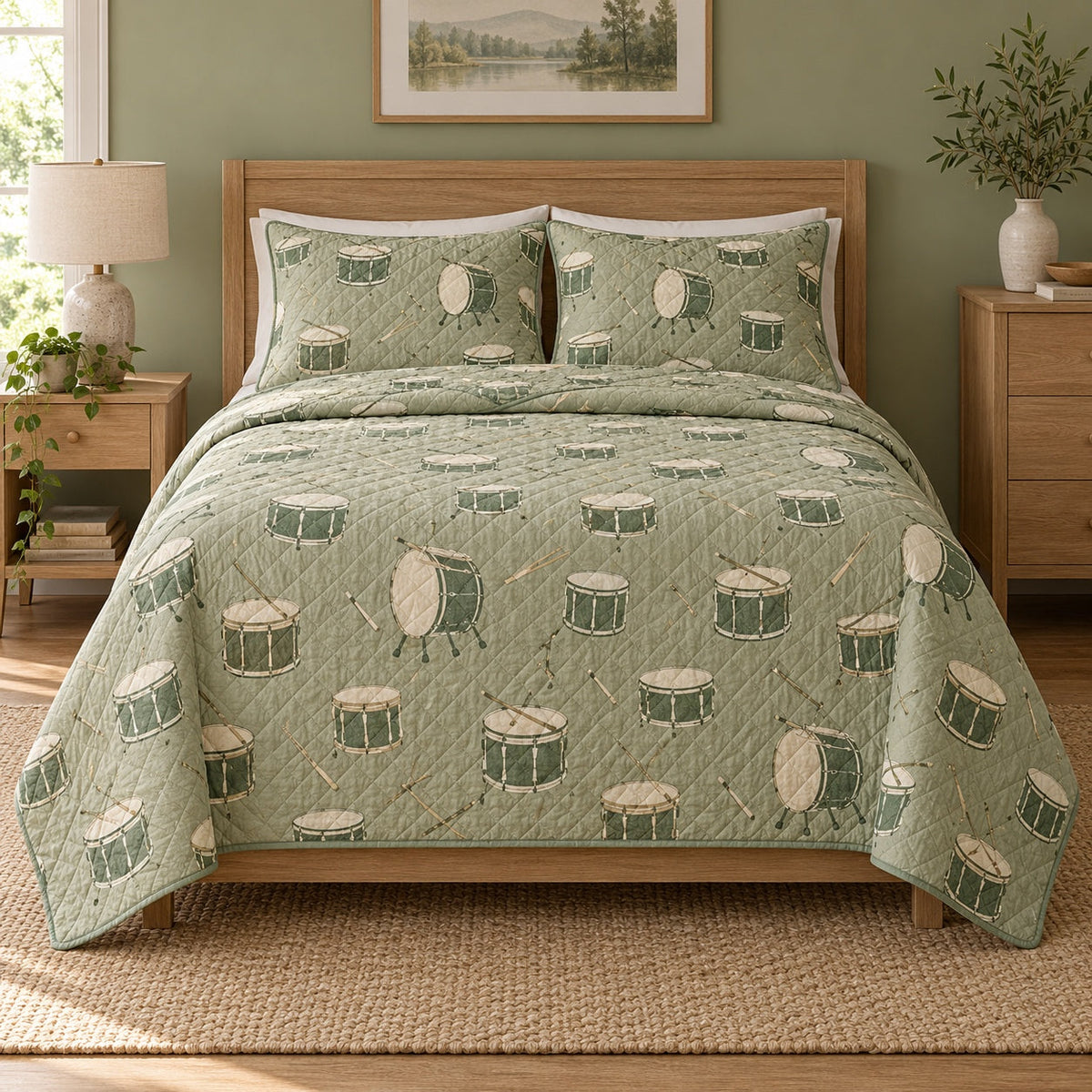 Sage Percussion Drums Quilt Set, front drums bedroom view