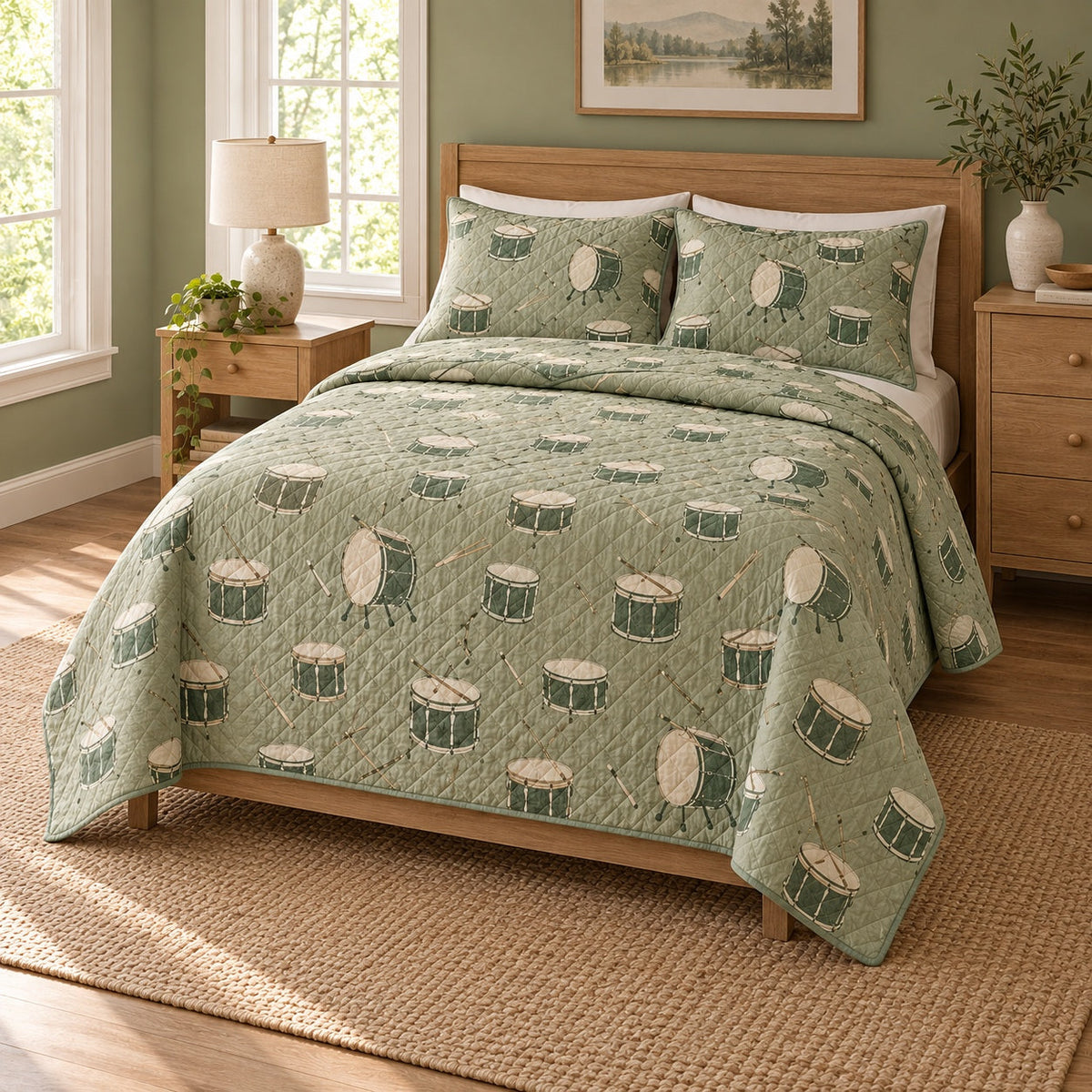 Sage Percussion Drums Quilt Set, angled drums bedroom view