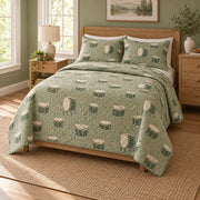 Sage Percussion Drums Quilt Set, angled drums bedroom view