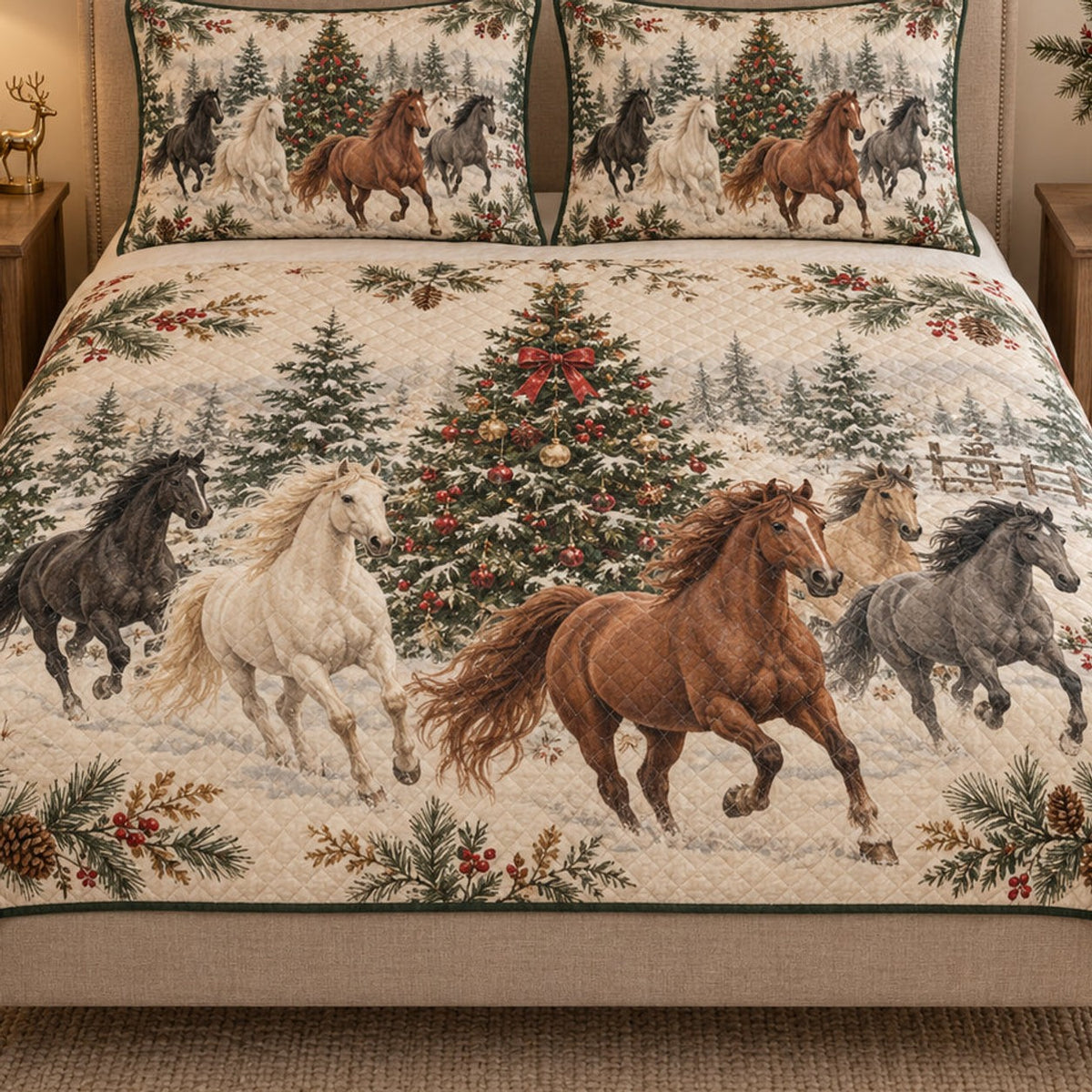 Close view of the Christmas Horse Winter Holiday quilt artwork and two matching shams