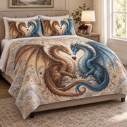 Romantic Twin Dragon Love Quilt Set: angled bedroom view showing the quilt artwork and coordinating shams