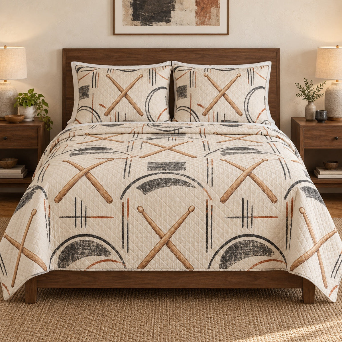 Stick Pattern Drums Quilt Set, front drums bedroom view