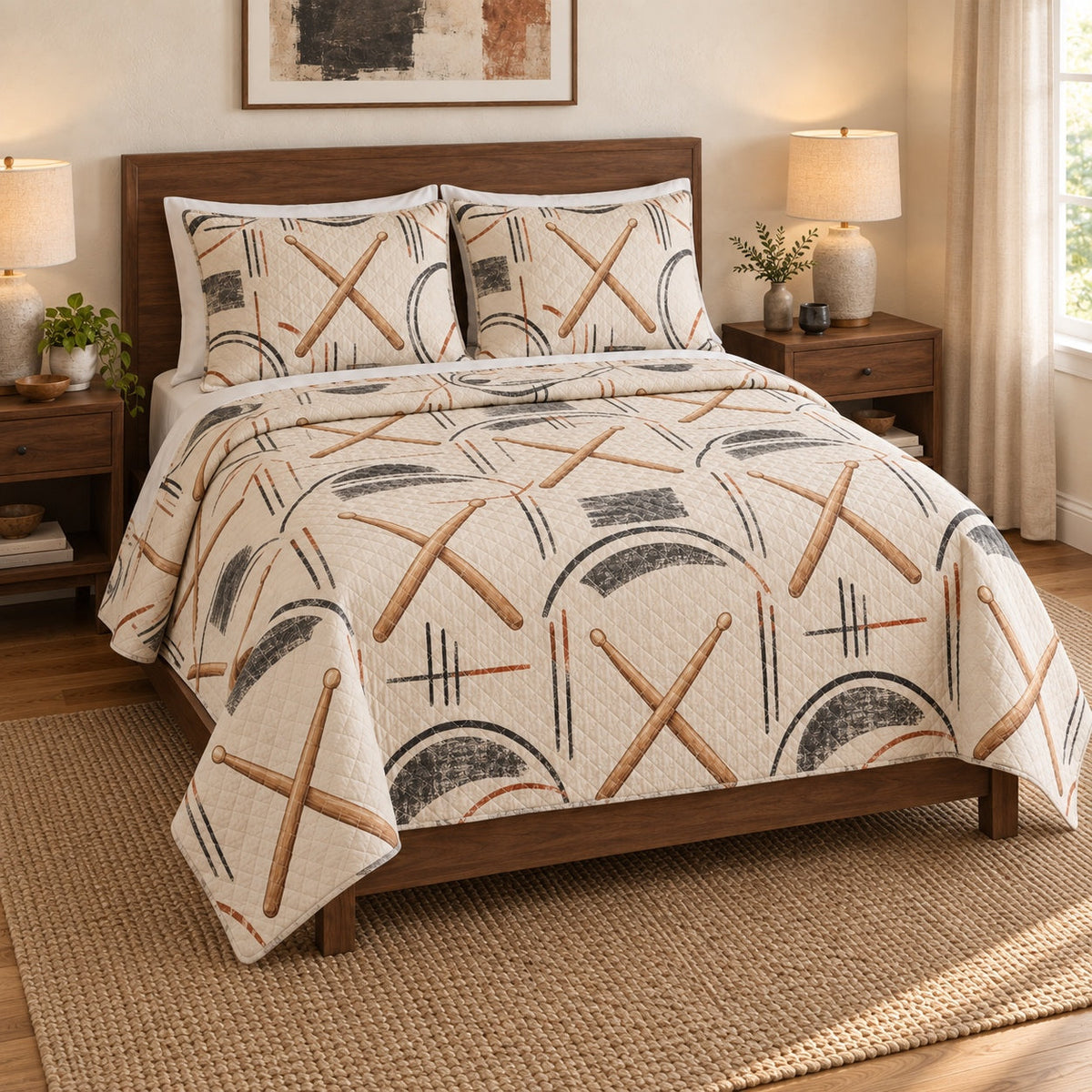 Stick Pattern Drums Quilt Set, angled drums bedroom view