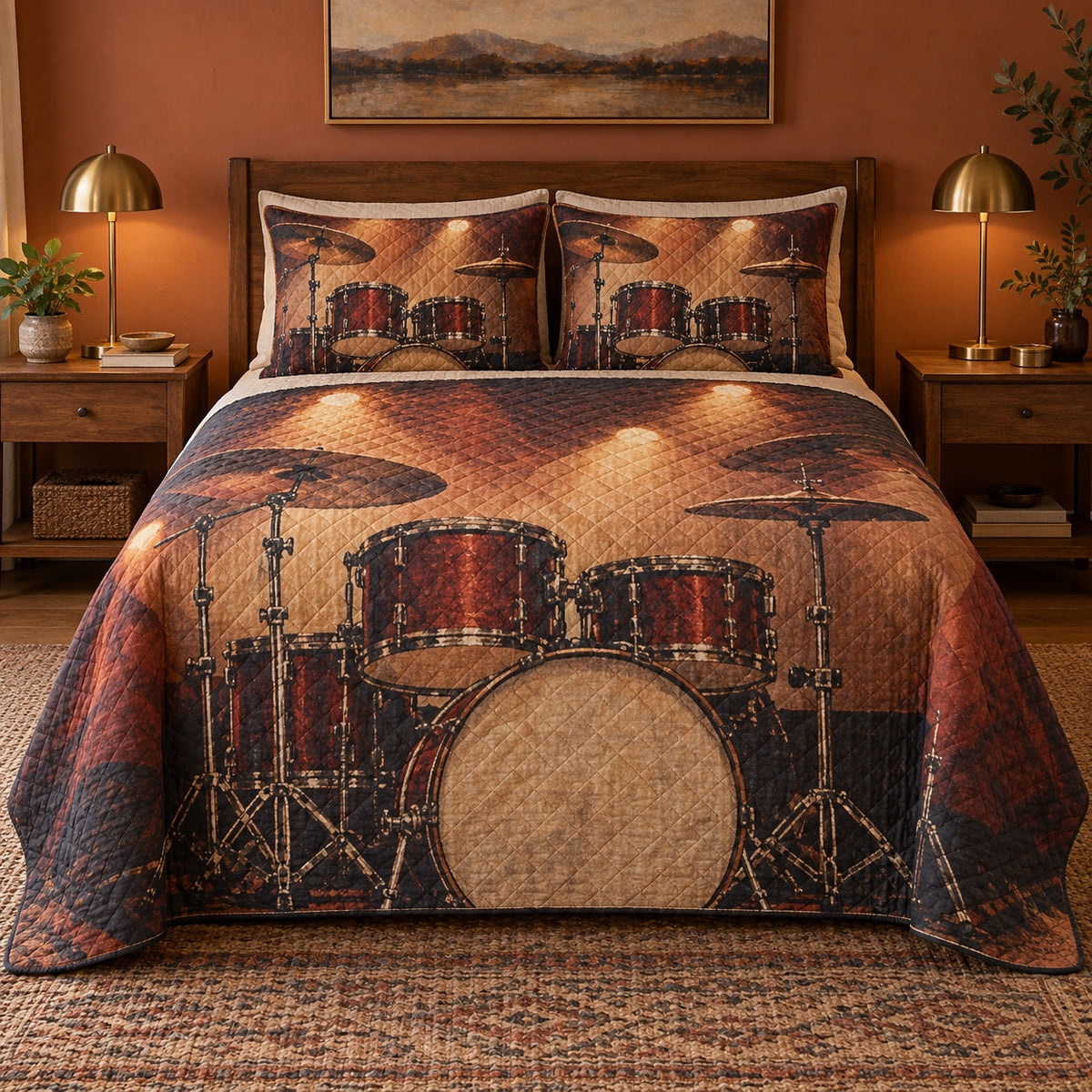 Stage Rhythm Drums Quilt Set, front drums bedroom view