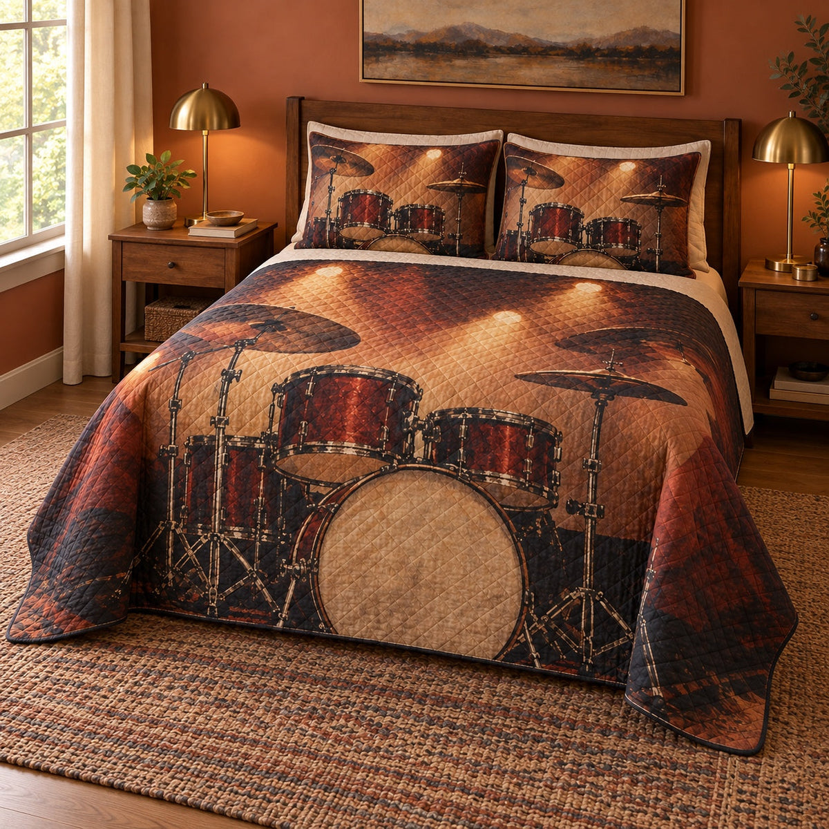 Stage Rhythm Drums Quilt Set, angled drums bedroom view