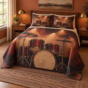 Stage Rhythm Drums Quilt Set, angled drums bedroom view