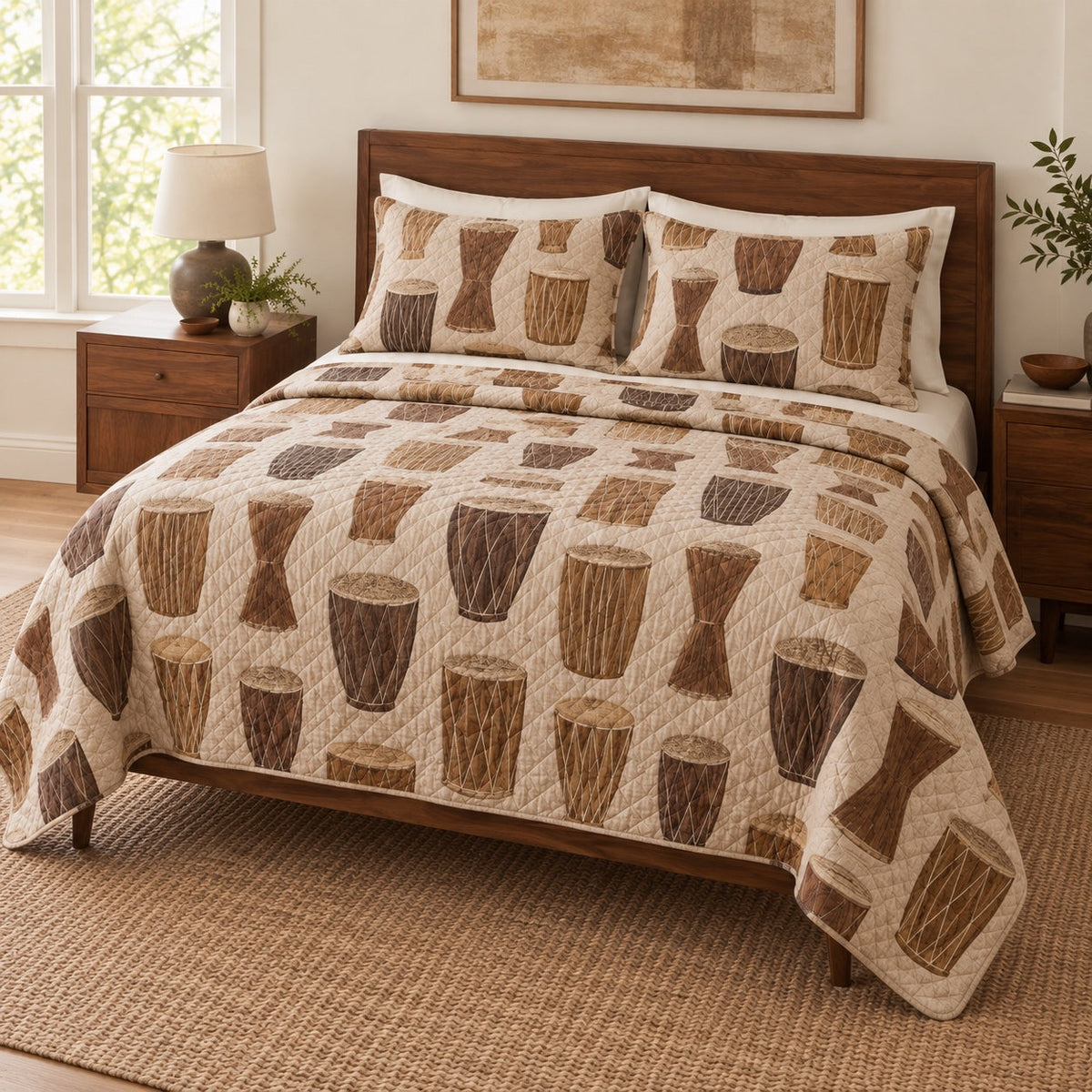 Walnut Shells Drums Quilt Set, angled drums bedroom view