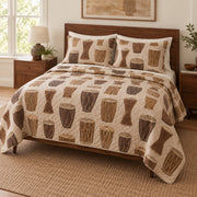 Walnut Shells Drums Quilt Set, angled drums bedroom view