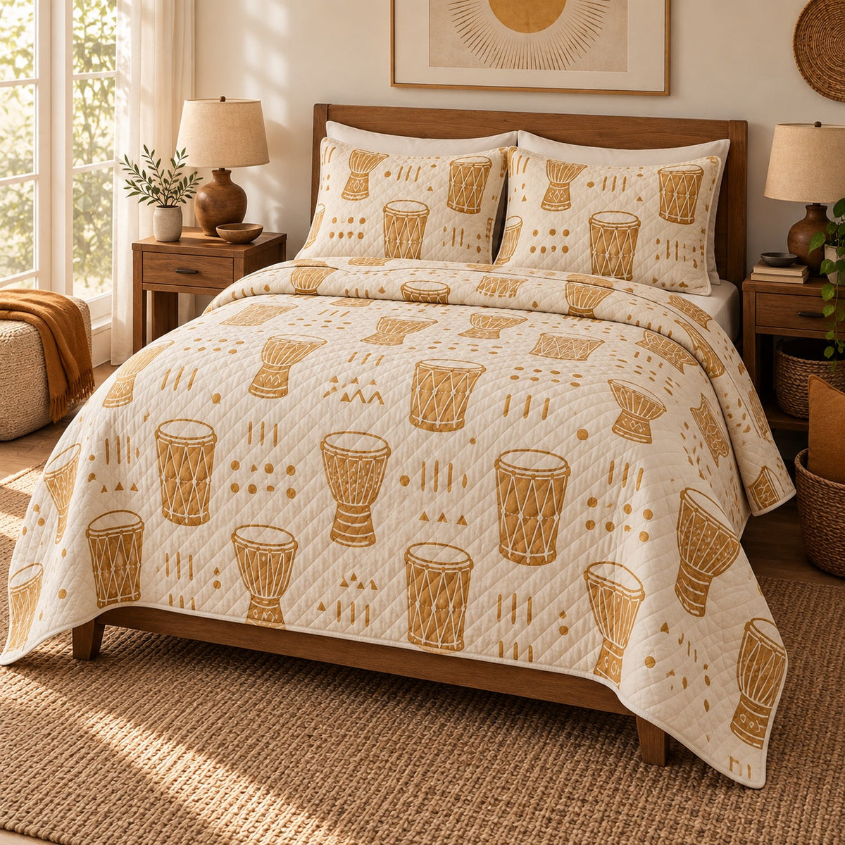 Golden Beat Drums Quilt Set, angled drums bedroom view