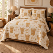 Golden Beat Drums Quilt Set, angled drums bedroom view
