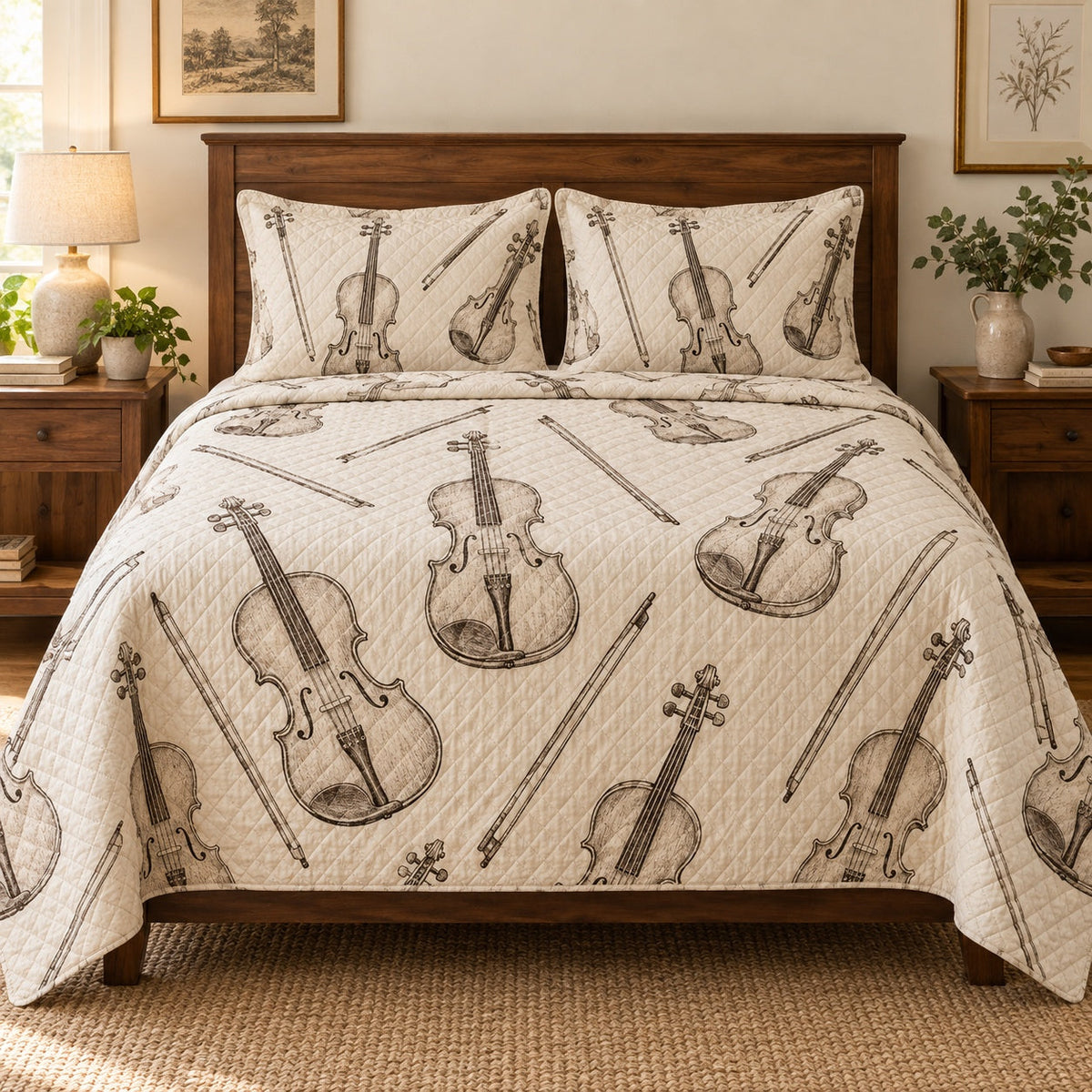 Violin Study Violin Quilt Set, front violin bedroom view