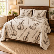 Violin Study Violin Quilt Set, angled violin bedroom view