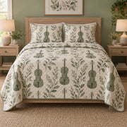 Sage Strings Violin Quilt Set, front violin bedroom view