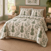 Sage Strings Violin Quilt Set, angled violin bedroom view