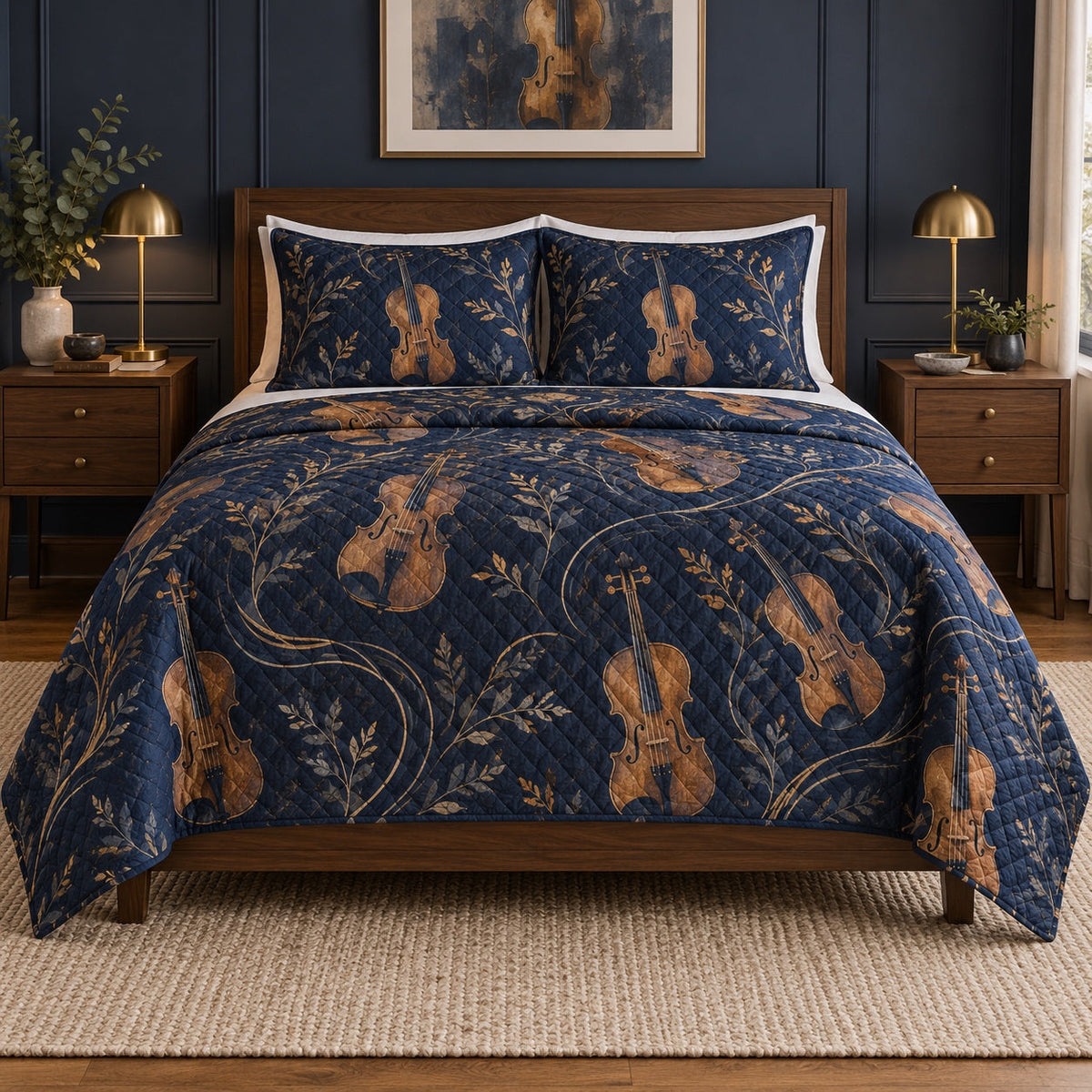 Midnight Sonata Violin Quilt Set, front violin bedroom view