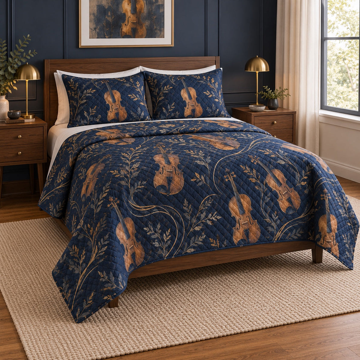 Midnight Sonata Violin Quilt Set, angled violin bedroom view