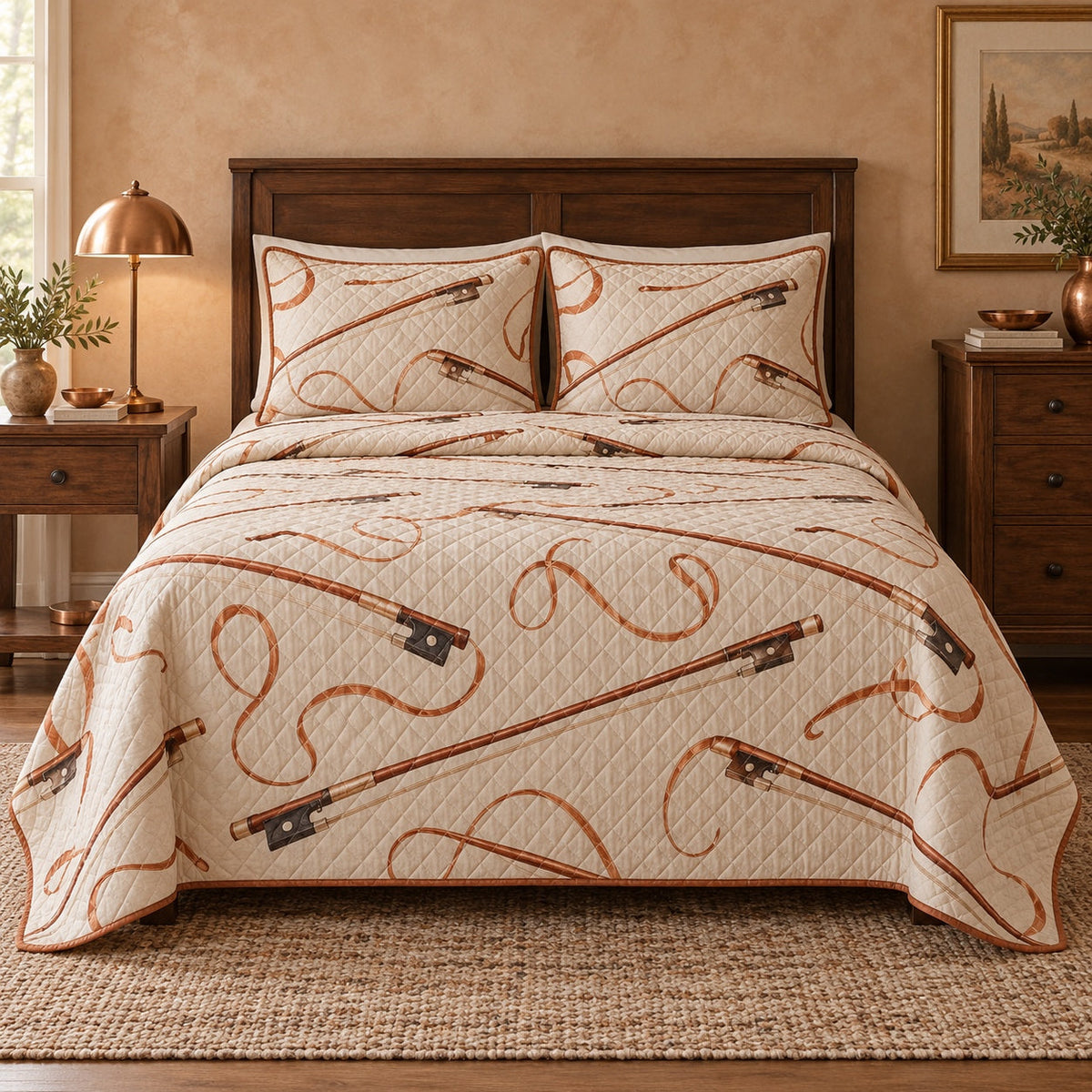 Copper Bow Violin Quilt Set, front violin bedroom view