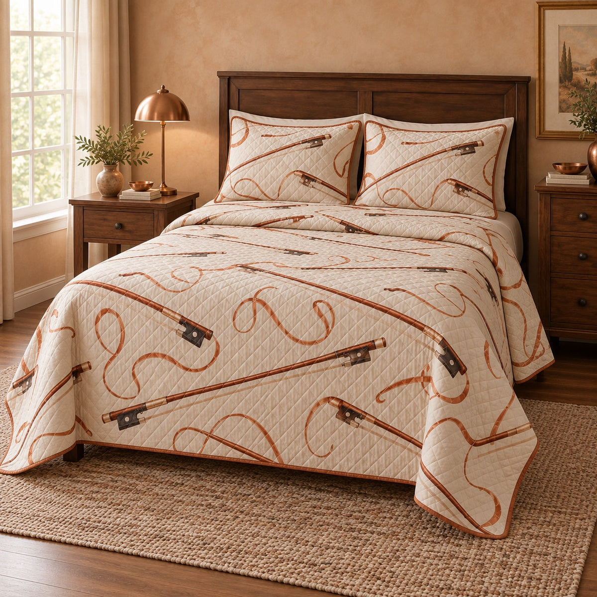 Copper Bow Violin Quilt Set, angled violin bedroom view