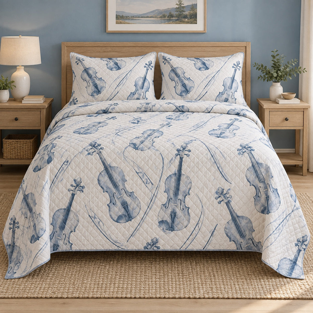 Blue Strings Violin Quilt Set, front violin bedroom view