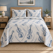 Blue Strings Violin Quilt Set, front violin bedroom view