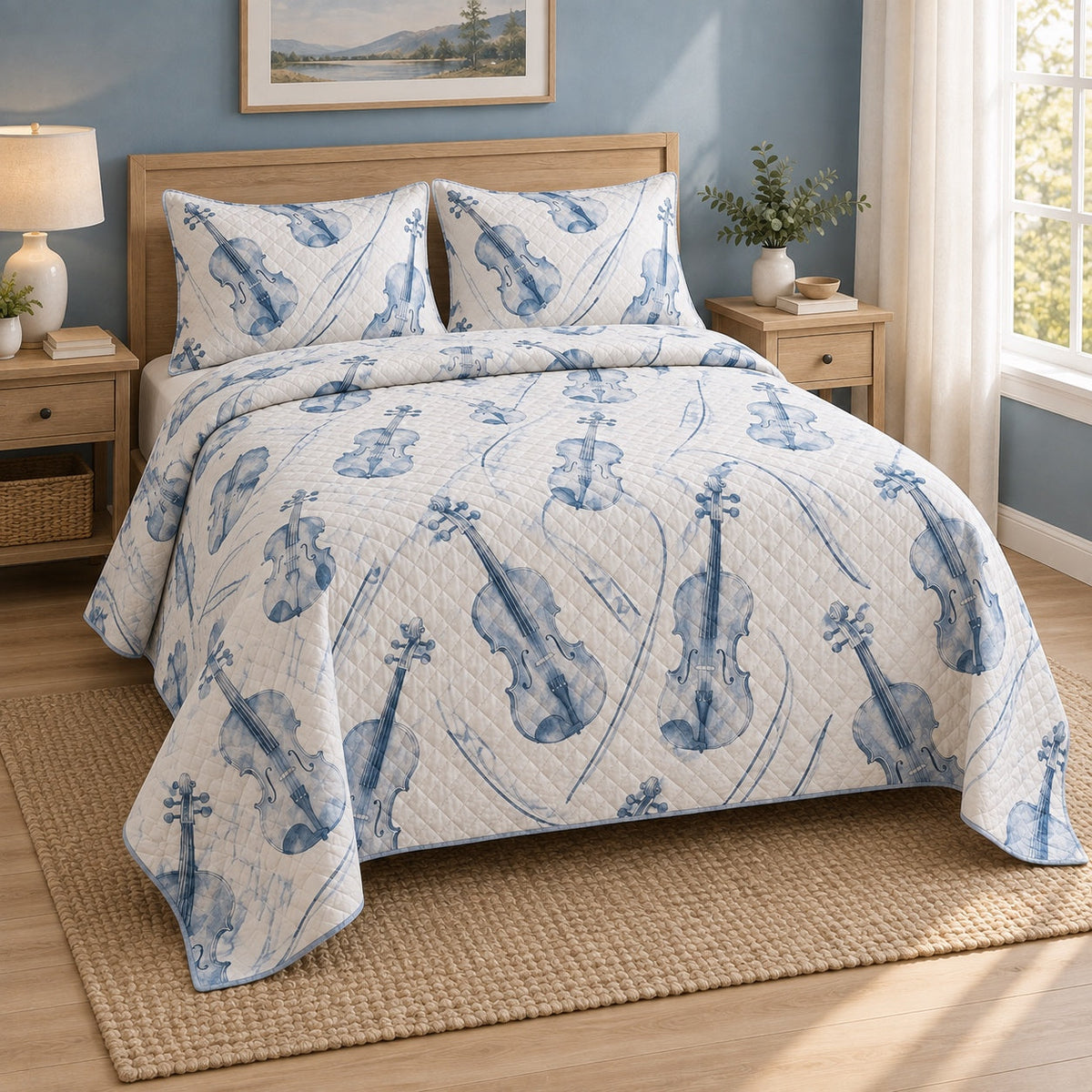Blue Strings Violin Quilt Set, angled violin bedroom view