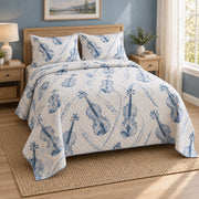 Blue Strings Violin Quilt Set, angled violin bedroom view