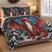 Christmas Red Dragon Winter Quilt Set: angled bedroom view showing the quilt artwork and coordinating shams