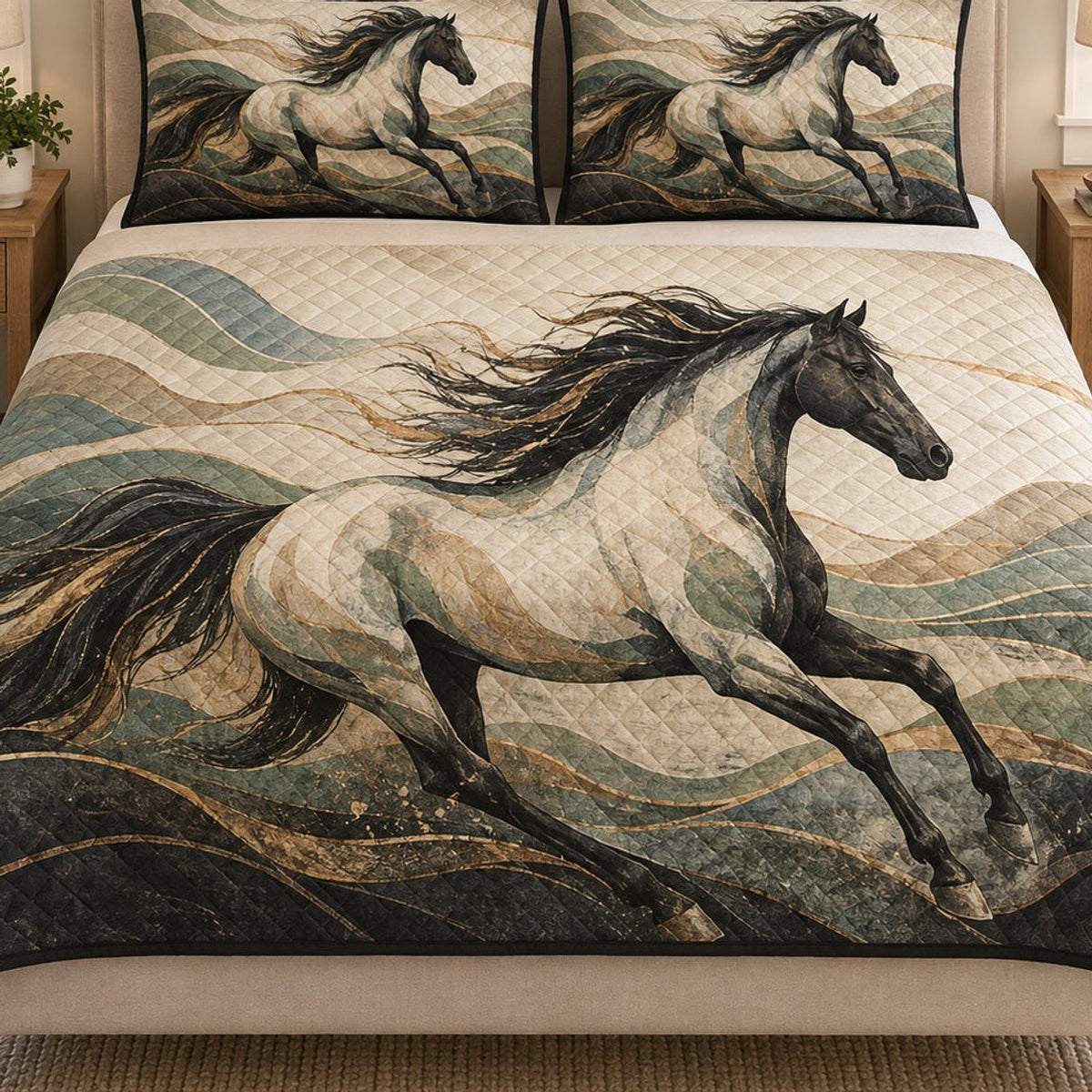 Close view of the Running Horse Western Art quilt artwork and two matching shams