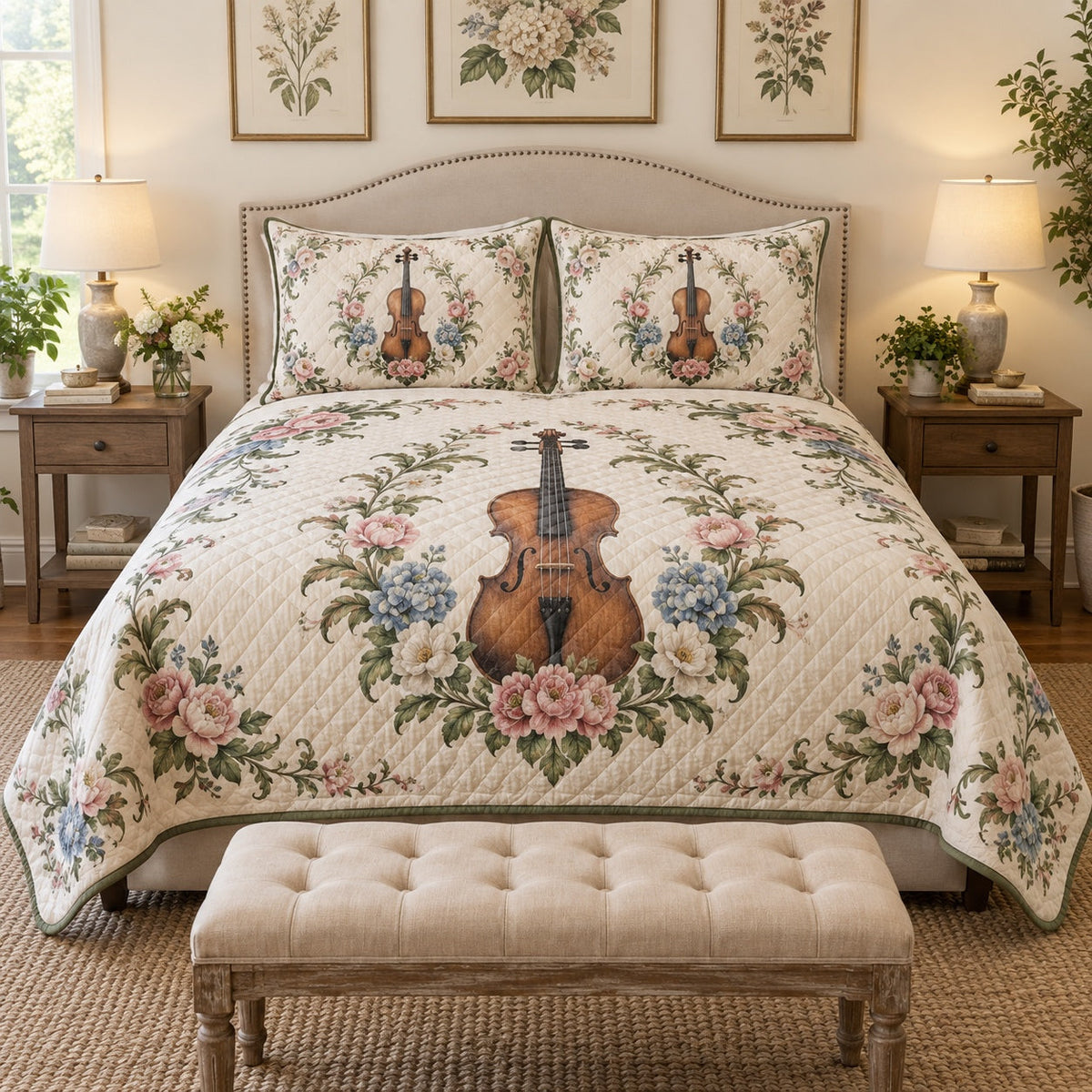 Garden Violin Violin Quilt Set, front violin bedroom view