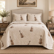 Linen Melody Violin Quilt Set, front violin bedroom view