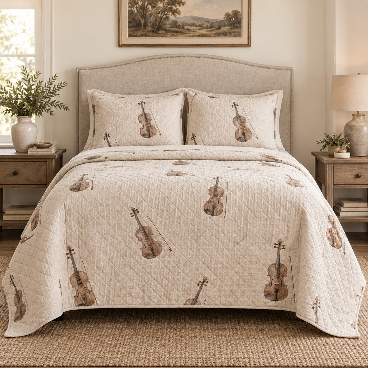 Linen Melody Violin Quilt Set, front violin bedroom view