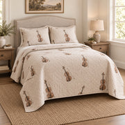 Linen Melody Violin Quilt Set, angled violin bedroom view