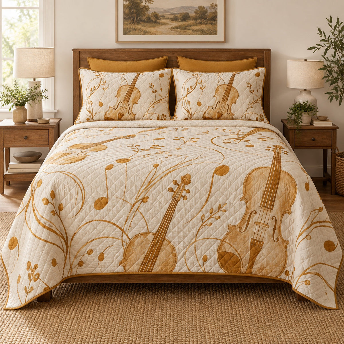 Golden Strings Violin Quilt Set, front violin bedroom view