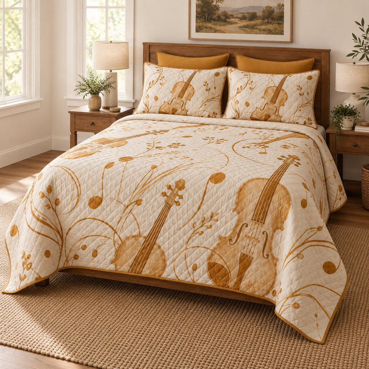 Golden Strings Violin Quilt Set, angled violin bedroom view