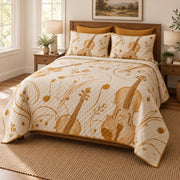 Golden Strings Violin Quilt Set, angled violin bedroom view