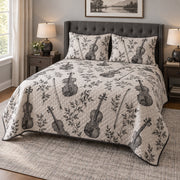 Quiet Chamber Violin Quilt Set, angled violin bedroom view