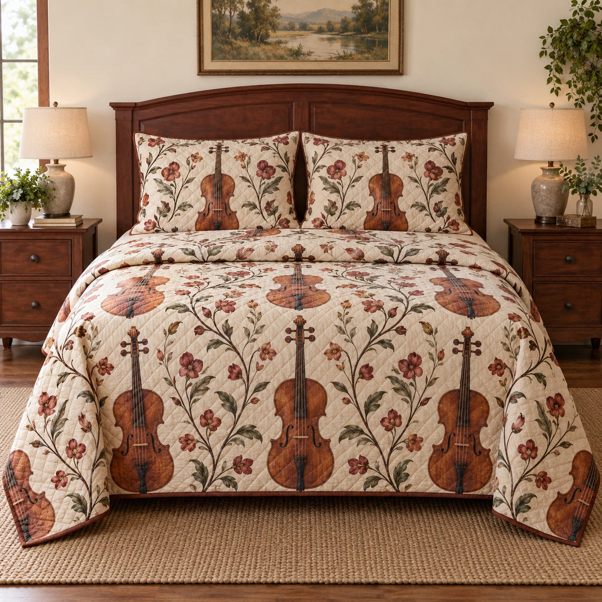 Rosewood Music Violin Quilt Set, front violin bedroom view