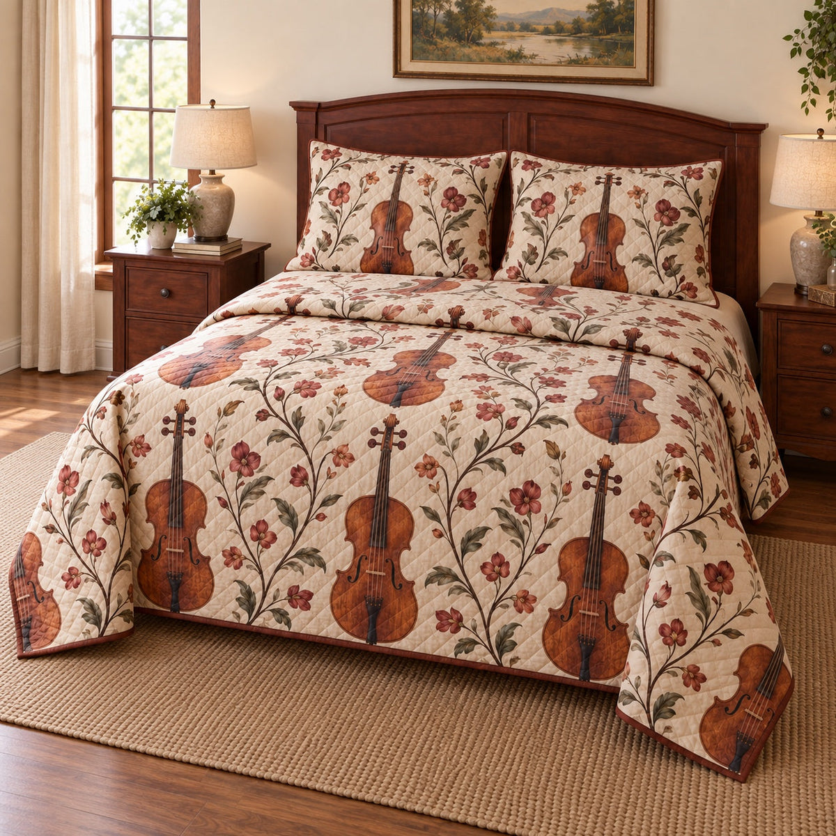 Rosewood Music Violin Quilt Set, angled violin bedroom view