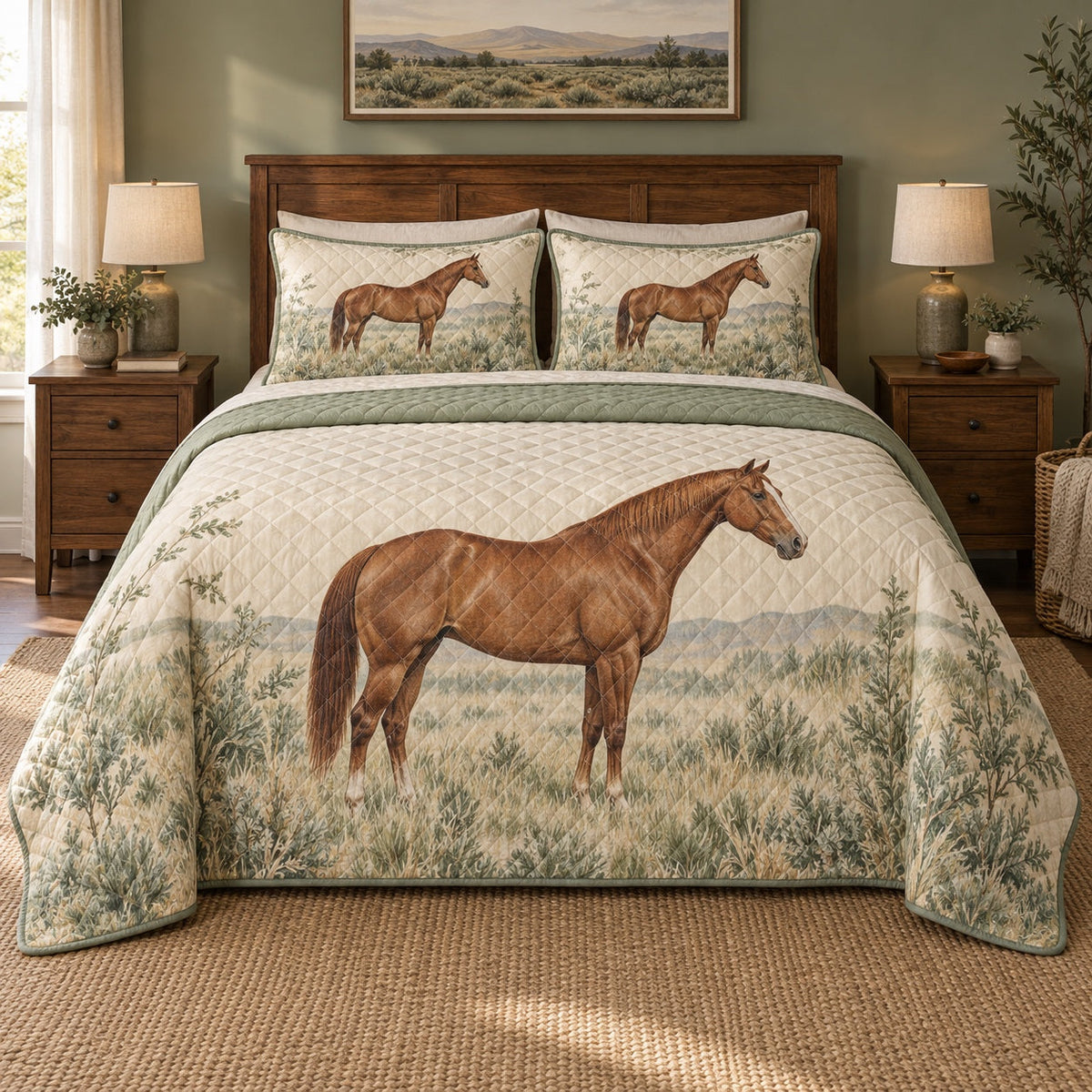 Sage Ranch Portrait American Quarter Horse Quilt Set, front american quarter horse bedroom view