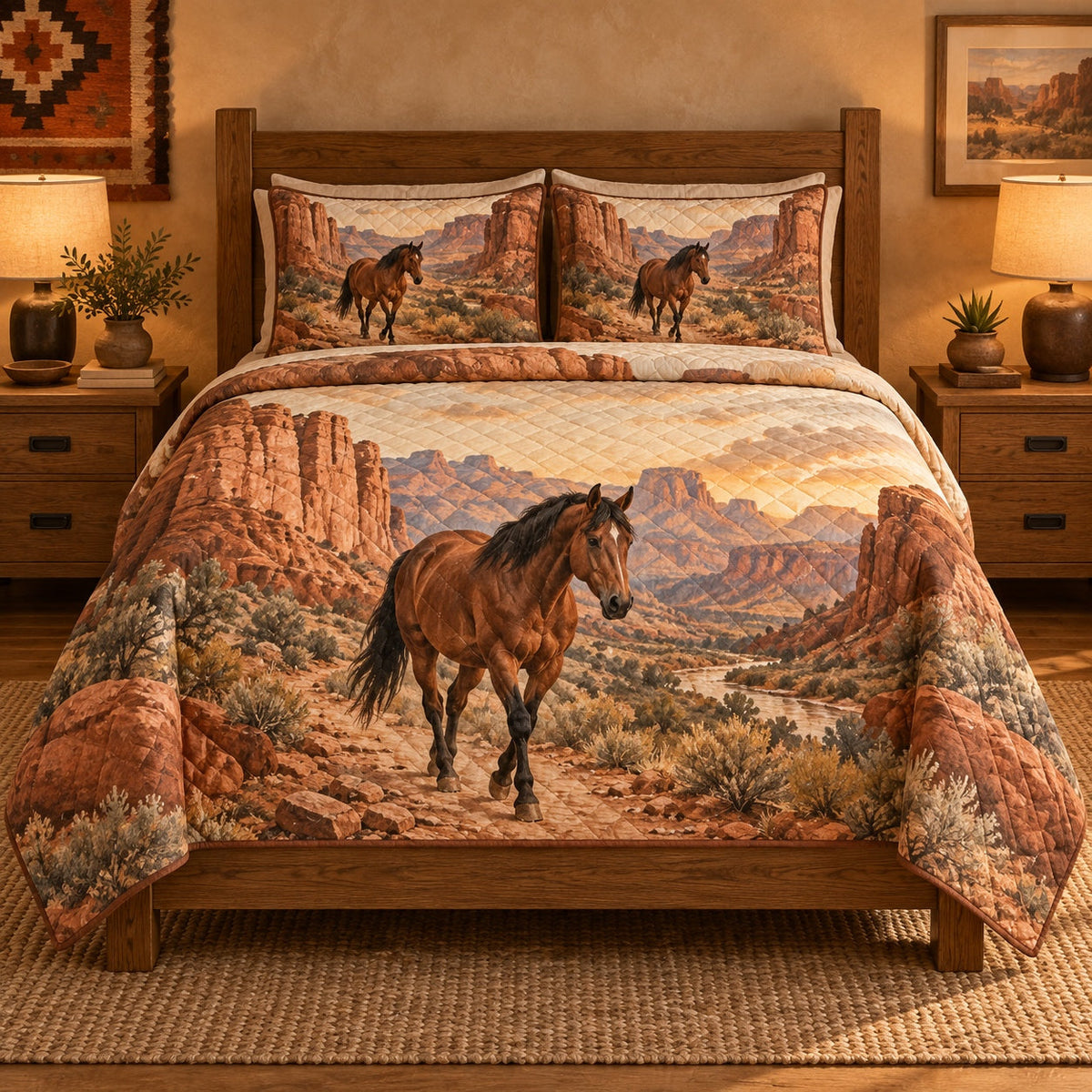 Copper Canyon Trail American Quarter Horse Quilt Set, front american quarter horse bedroom view