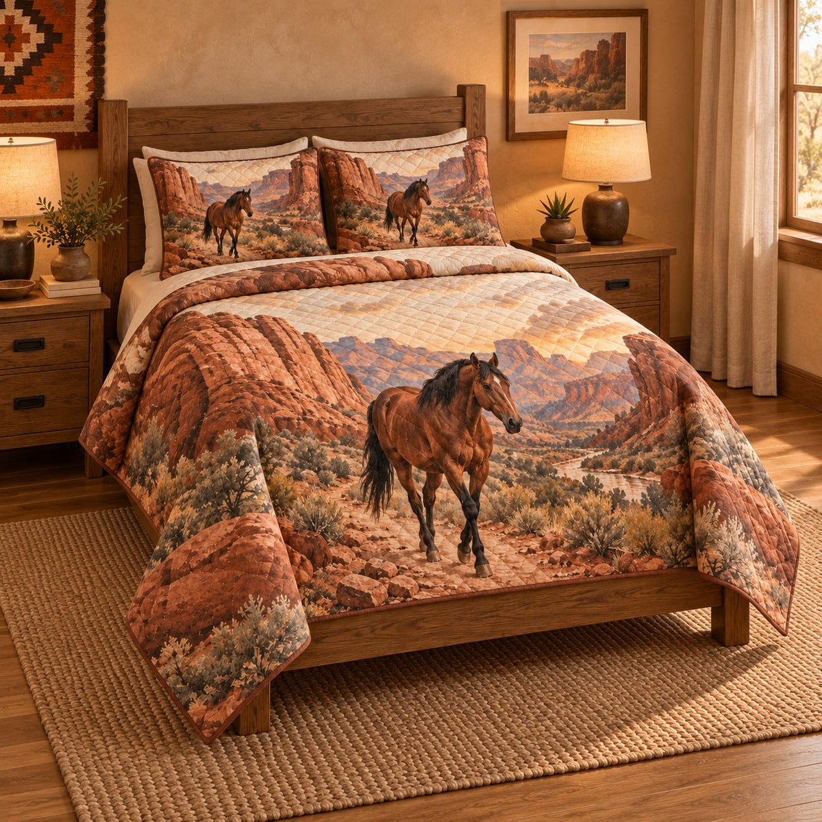 Copper Canyon Trail American Quarter Horse Quilt Set, angled american quarter horse bedroom view