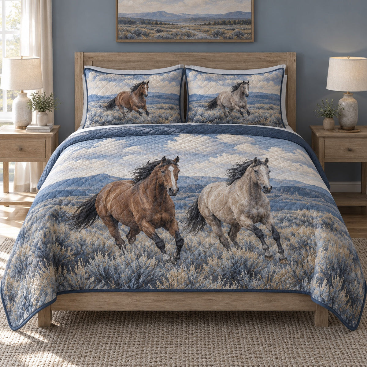 Blue Prairie Run American Quarter Horse Quilt Set, front american quarter horse bedroom view