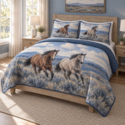 Blue Prairie Run American Quarter Horse Quilt Set, angled american quarter horse bedroom view