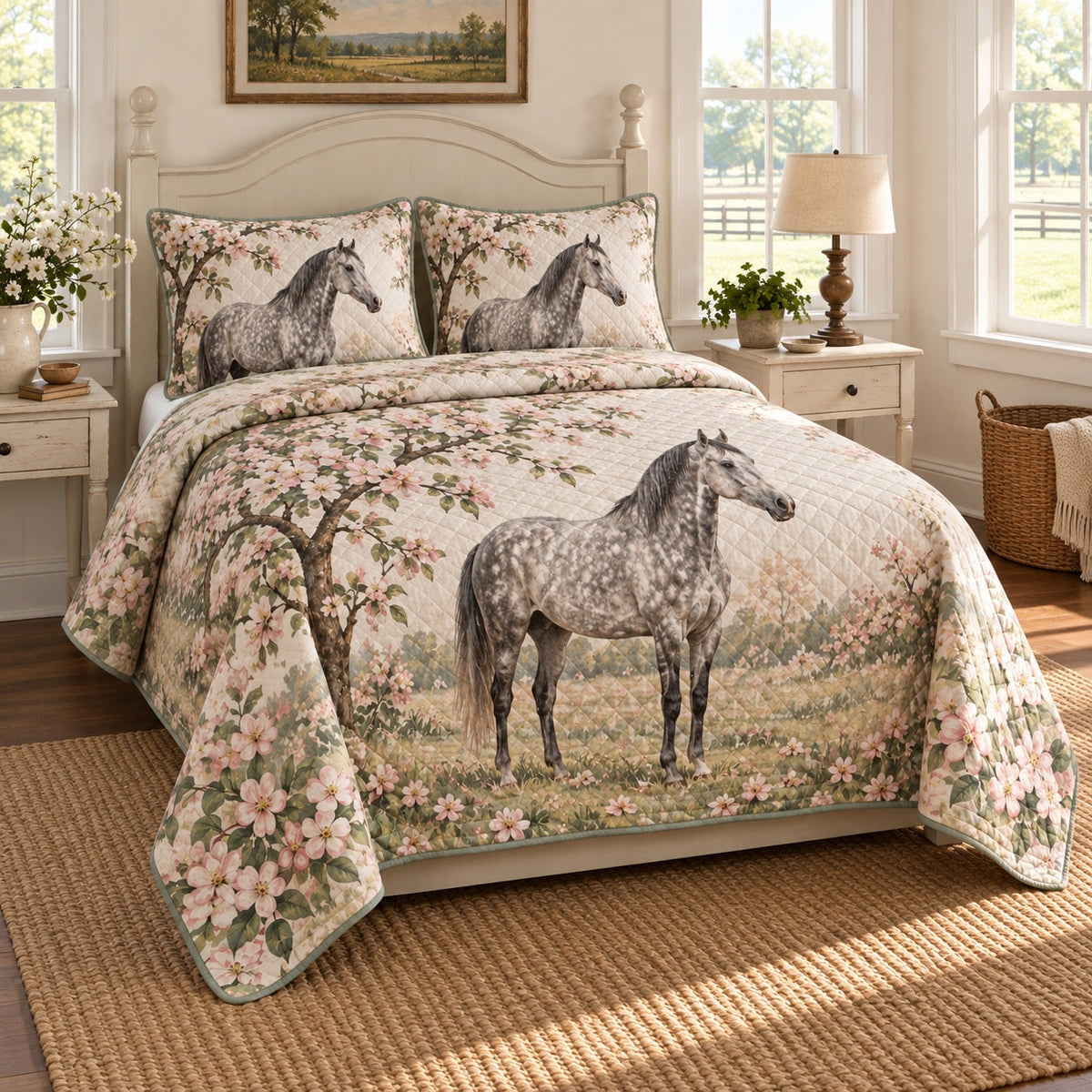 Dappled Orchard American Quarter Horse Quilt Set, angled american quarter horse bedroom view