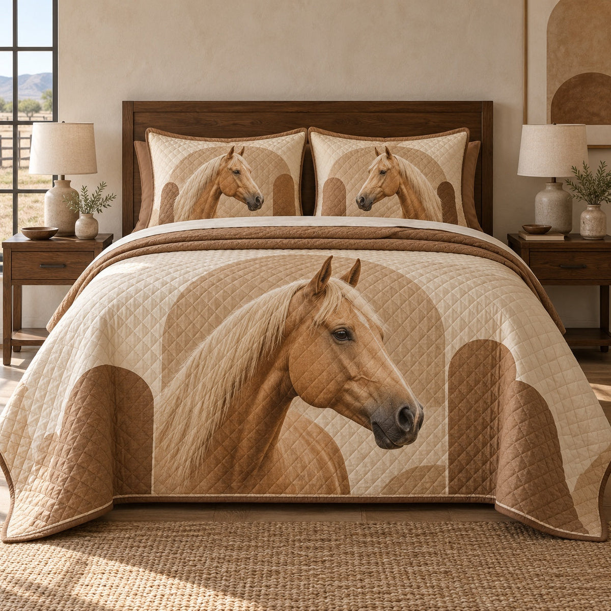 Sandstone Stable American Quarter Horse Quilt Set, front american quarter horse bedroom view