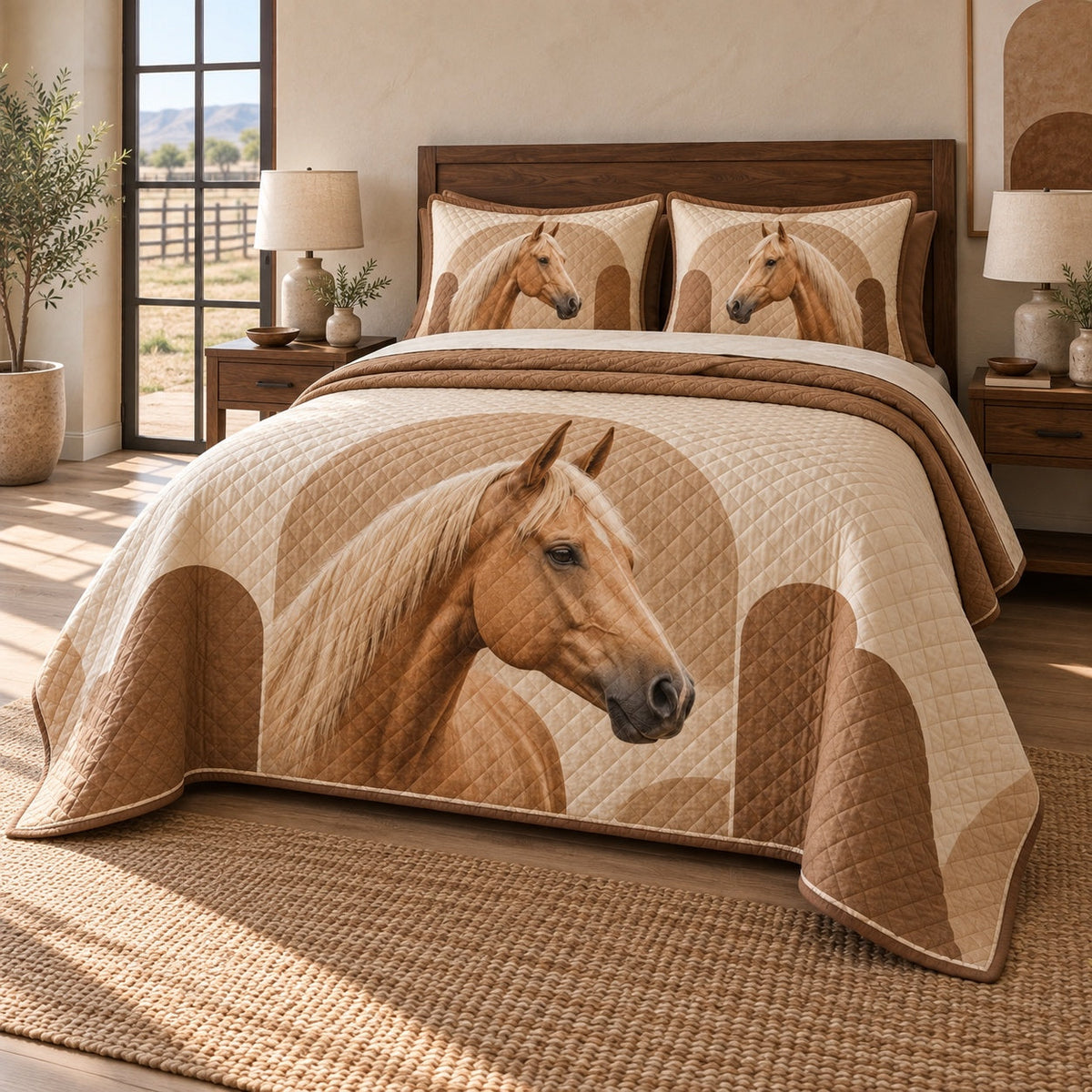 Sandstone Stable American Quarter Horse Quilt Set, angled american quarter horse bedroom view