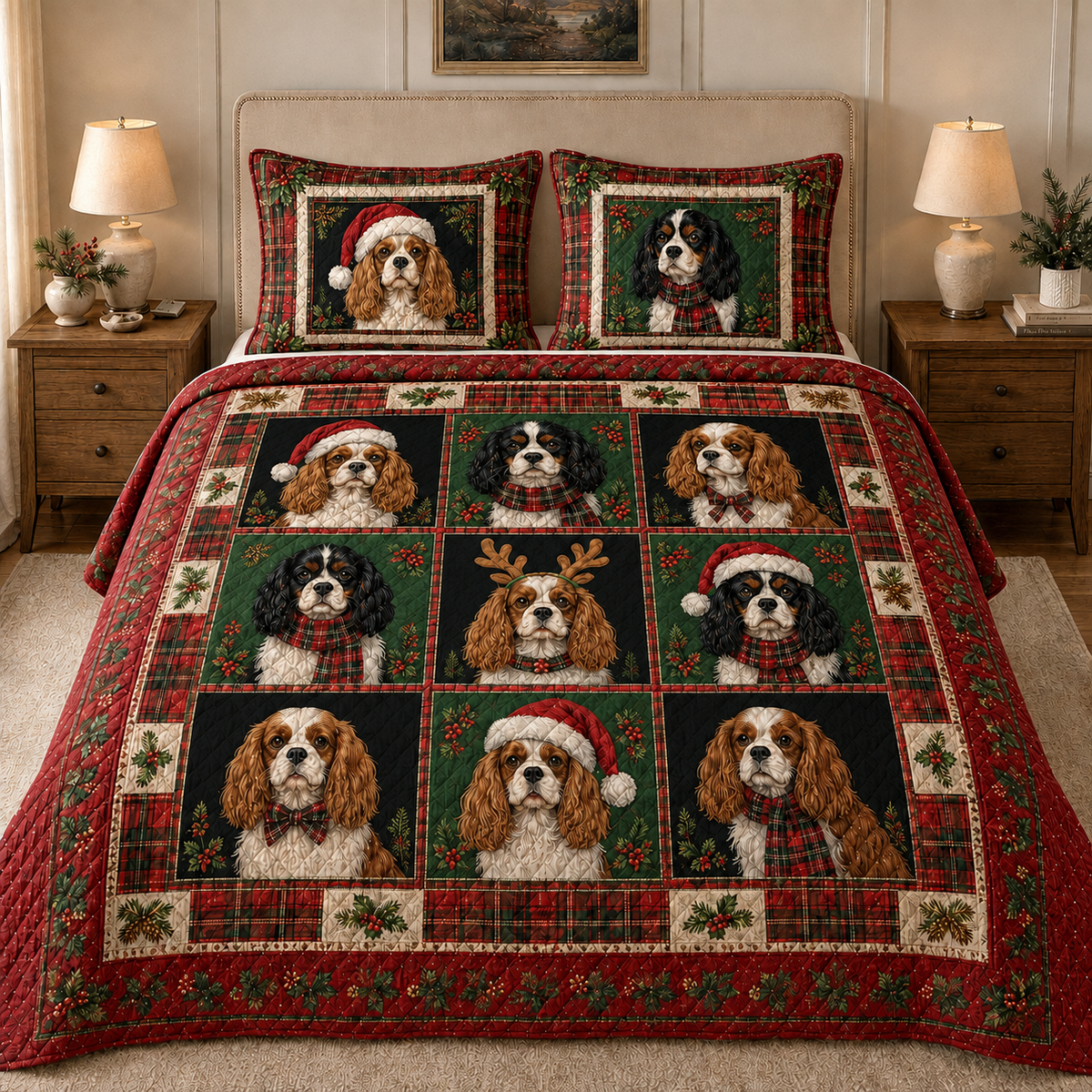 Cavalier King Charles Spaniel Christmas Quilt Bedding Set, Christmas Dog Bedspread, Plaid Holiday Bedroom Decor